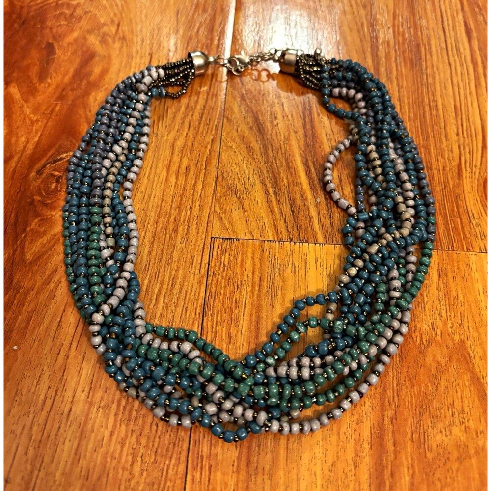 Multi-Strand Blue Gray Green Beaded Necklace Bead Chain Lobster Clasp 18 in